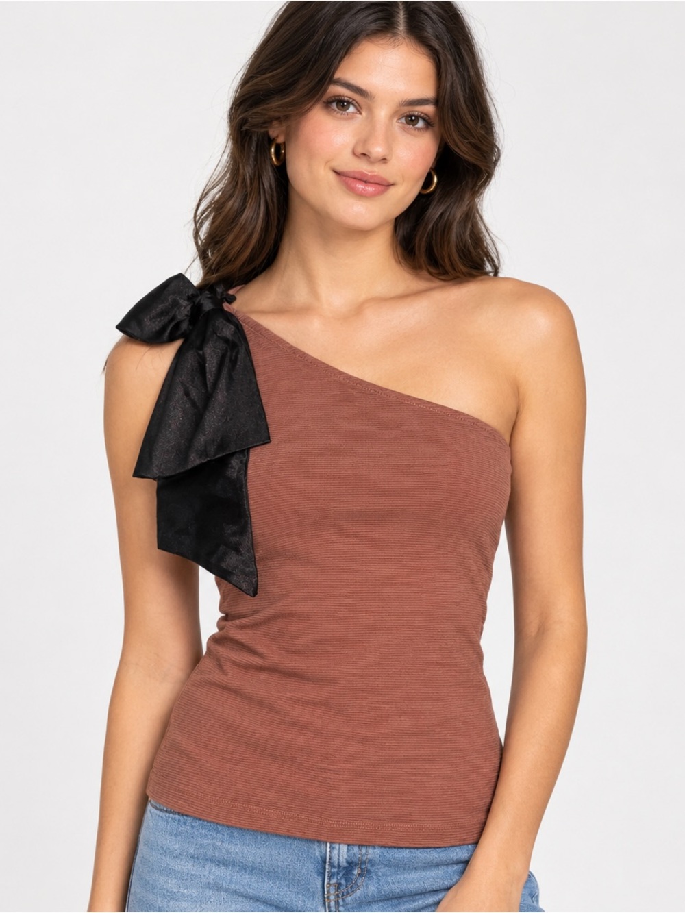 Anthropologie Maeve Brown One Shoulder Tank with Black Bow - Size Medium